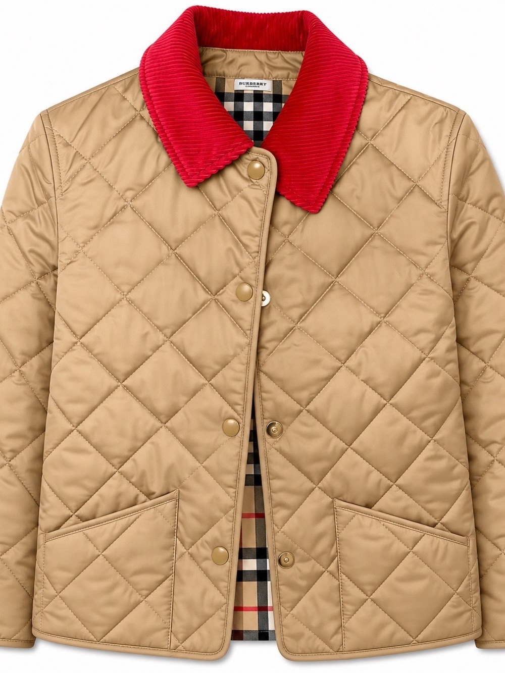 Burberry Tan Quilted Puffer Jacket with Red Corduroy Collar